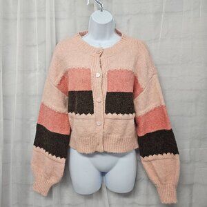 Pink Brown Striped Cardigan Coquette Cottage Boho M